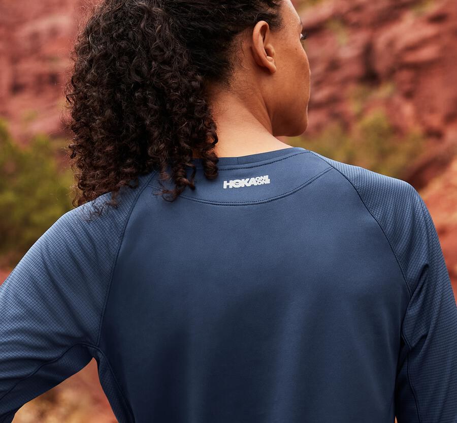 Hoka Australia One One Performance 3/4 Sleeve - Womens Tops Navy - NOQSC-0597